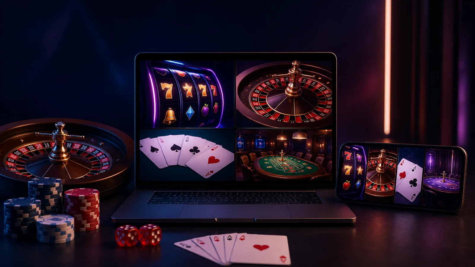 Ambiente editorial de cassino online com jogos em computador e celular